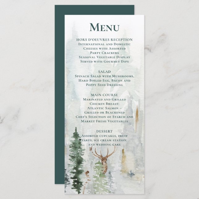 Winter Pine Trees Snow Deer Antlers Wedding  Menu (Front/Back)