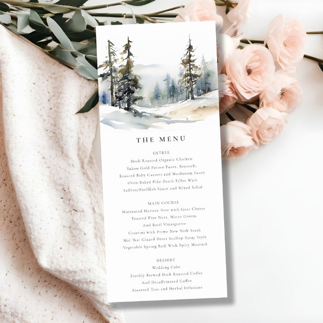 Winter Pine Trees Snow Landscape Wedding Menu Card (Creator Uploaded)