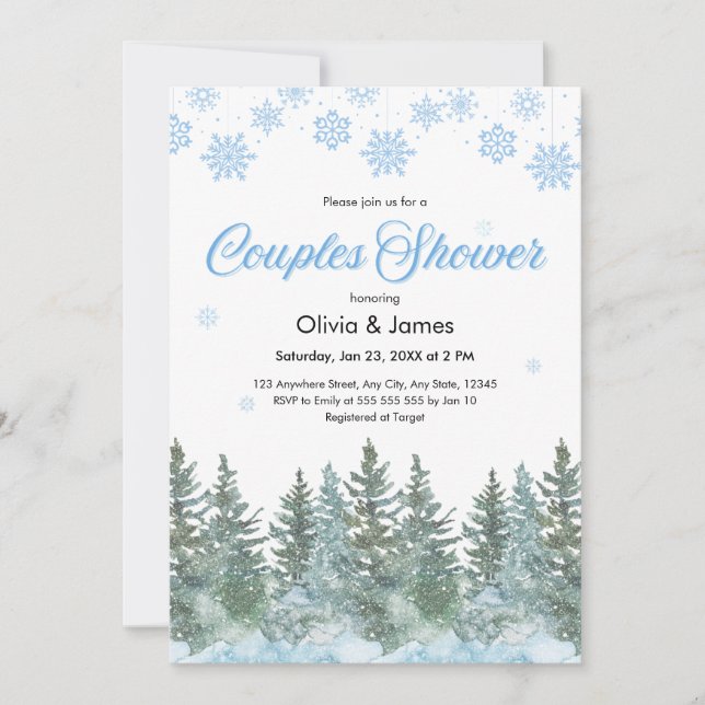 Winter Pine Trees Snowflakes Couples Bridal Shower Invitation (Front)