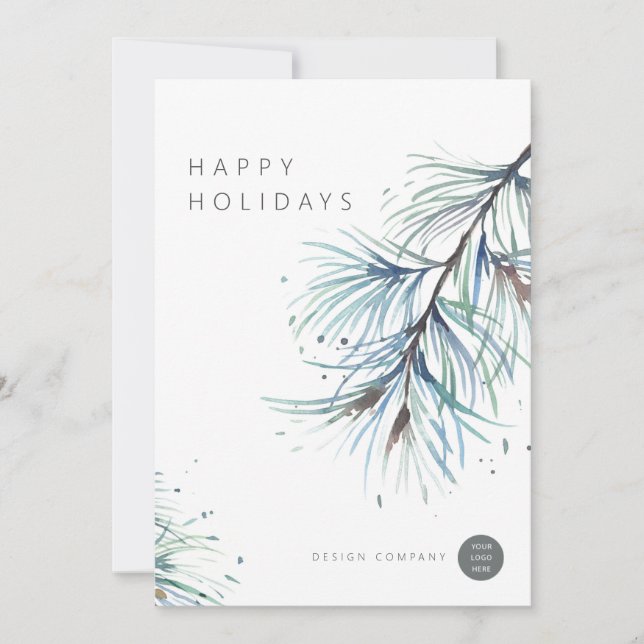Winter Pine Watercolor Business Holiday Cards (Front)