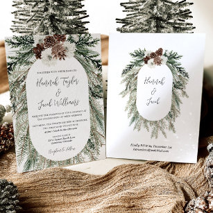 Winter Pine White Floral Wedding with RSVP Invitation