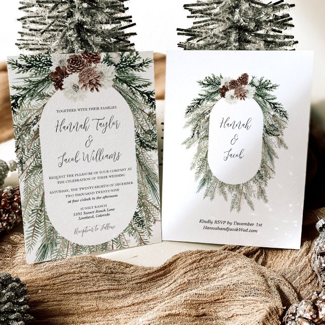 Winter Pine White Floral Wedding with RSVP Invitation (Creator Uploaded)