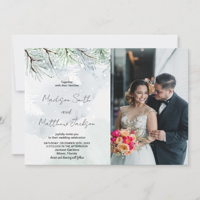 Winter Pine White Snow Wedding Invitations w photo (Front)