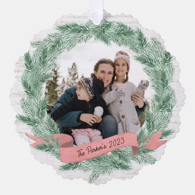 Winter Pine Wreath and Banner with Photo Tree Decoration Card (Front)