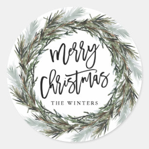 Winter Pine Wreath Merry Christmas Classic Round S Sticker