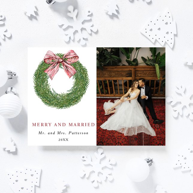 Winter Pine Wreath Merry & Married Photo Christmas Holiday Card (Creator Uploaded)