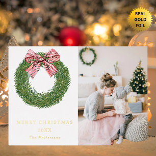 Winter Pine Wreath Stripes Red Bow Photo Christmas