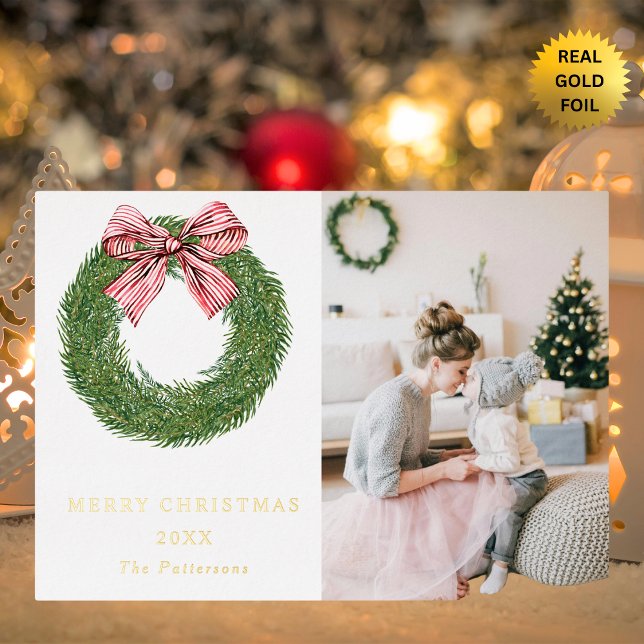 Winter Pine Wreath Stripes Red Bow Photo Christmas (Creator Uploaded)