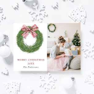 Winter Pine Wreath Stripes Red Bow Photo Christmas Holiday Postcard