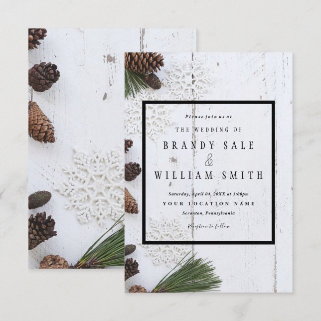 Winter Pinecone and Snowflakes Wedding Card (Front/Back)