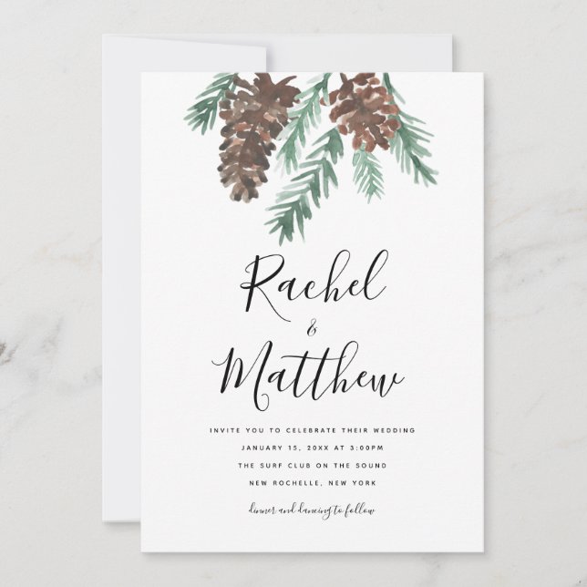 Winter Pinecone Watercolor  Wedding Invitation (Front)