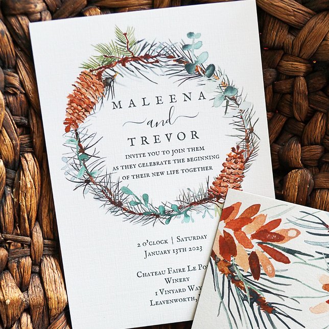 Winter Pinecone Wreath, Eucalyptus Wedding Invitation (Pine Needle Wreath with Eucalyptus and Pinecones)