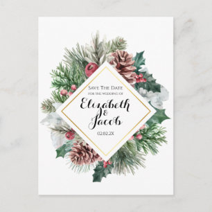 Winter Pinecones and Holly Save the Date Postcard