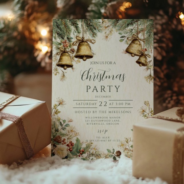Winter Pines and Bells Christmas Gathering Invitation (Creator Uploaded)