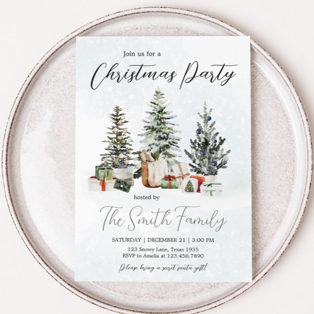 Winter Pines Christmas Party Invitation (Winter Wonderland Pine Tree Christmas Party Invitation )