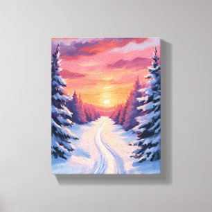 Winter Pinescape Sunset   Pastel Watercolor Canvas Print