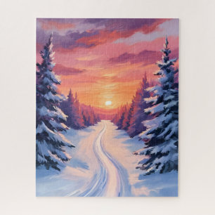 Winter Pinescape Sunset Pastel Watercolor Jigsaw Puzzle