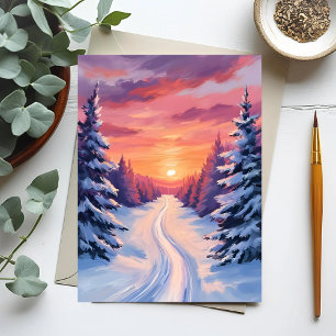 Winter Pinescape Sunset   Pastel Watercolor Postcard