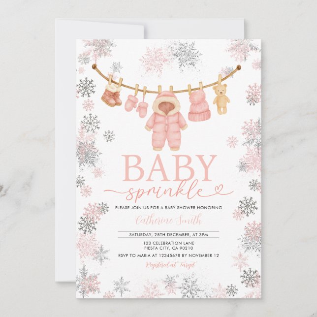 Winter Pink Baby Sprinkle Snowflakes Baby Shower Invitation (Front)