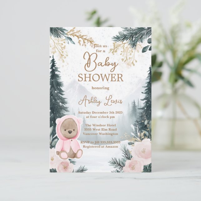 Winter Pink bear Woodland snow pink forest Invitation (Standing Front)