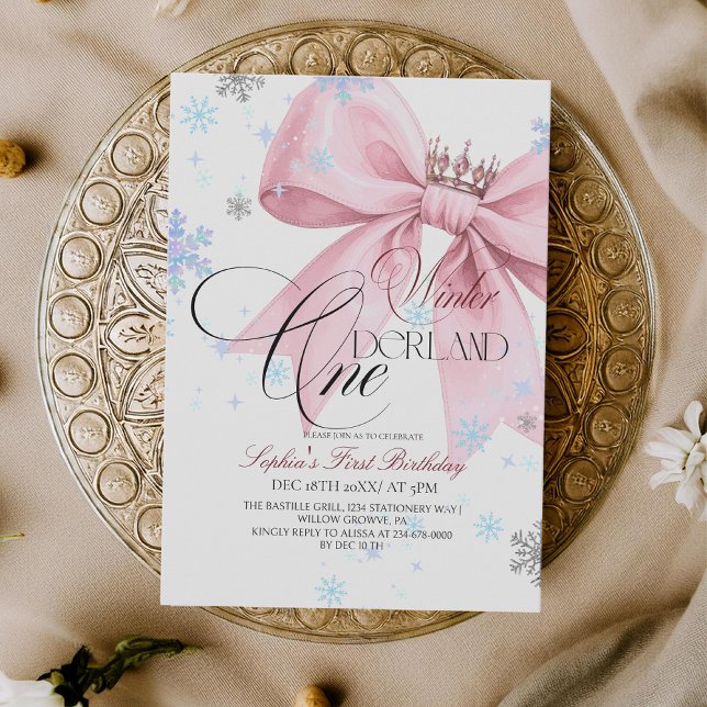 Winter Pink Bow 1st Birthday Party Invitation (Creator Uploaded)