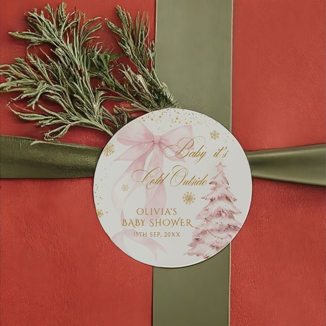 Winter Pink Bow It's Cold Outside Baby Shower Classic Round Sticker (Creator Uploaded)