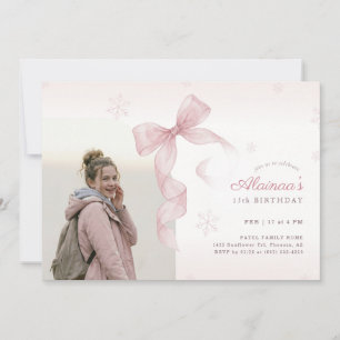 Winter Pink Bow Snowflake Girl Photo 15th Birthday Invitation
