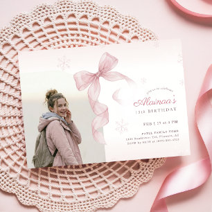 Winter Pink Bow Snowflake Girl Photo 15th Birthday Invitation
