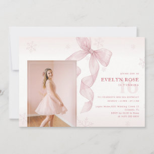 Winter Pink Bow Snowflake Girl Photo 16th Birthday Invitation