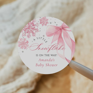 Winter Pink Bow Snowflakes Baby Shower Classic Round Sticker