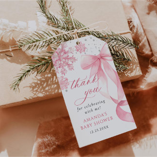 Winter Pink Bow Snowflakes Baby Shower Gift Tags