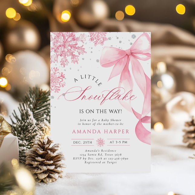 Winter Pink Bow Snowflakes Baby Shower Invitation (Creator Uploaded)