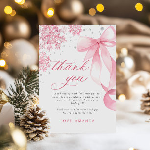 Winter Pink Bow Snowflakes Baby Shower Thank You Card