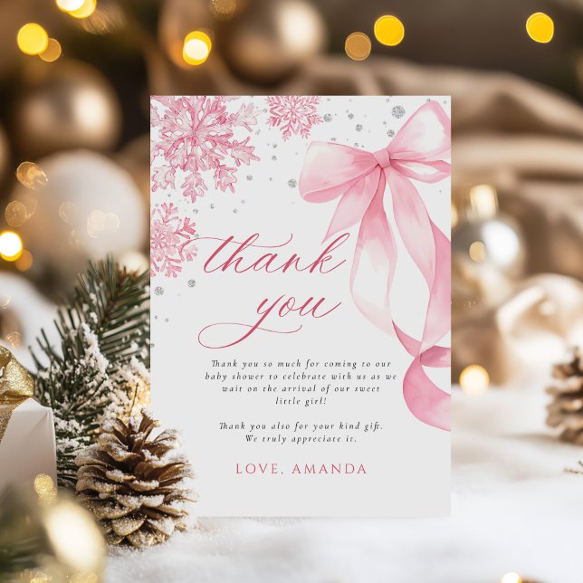 Winter Pink Bow Snowflakes Baby Shower Thank You Card (Creator Uploaded)