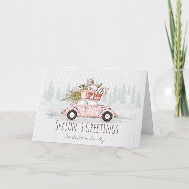 Winter Pink Car Family Greeting Card (Front)