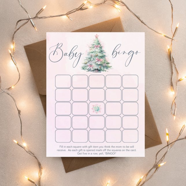 Winter pink Christmas tree baby shower bingo game  (Creator Uploaded)