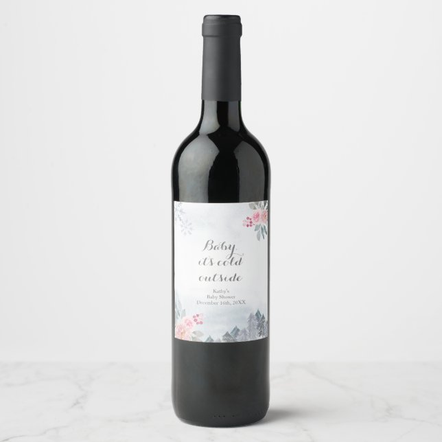 Winter Pink Floral Christmas Wine Bottle Label (Front)