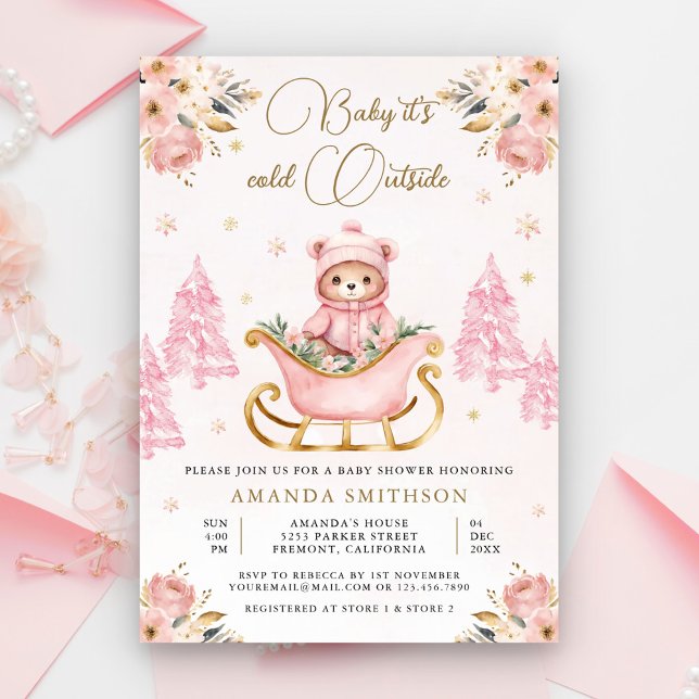 Winter Pink Gold Floral Teddy Bear Baby Shower Invitation (Creator Uploaded)