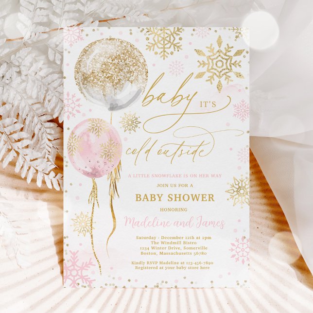 Winter Pink & Gold Snowflake Baby Shower Invitation (Creator Uploaded)