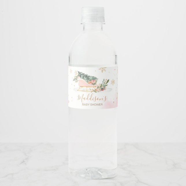 Winter Pink Gold Snowflake Baby Shower Water Bottle Label (Front)