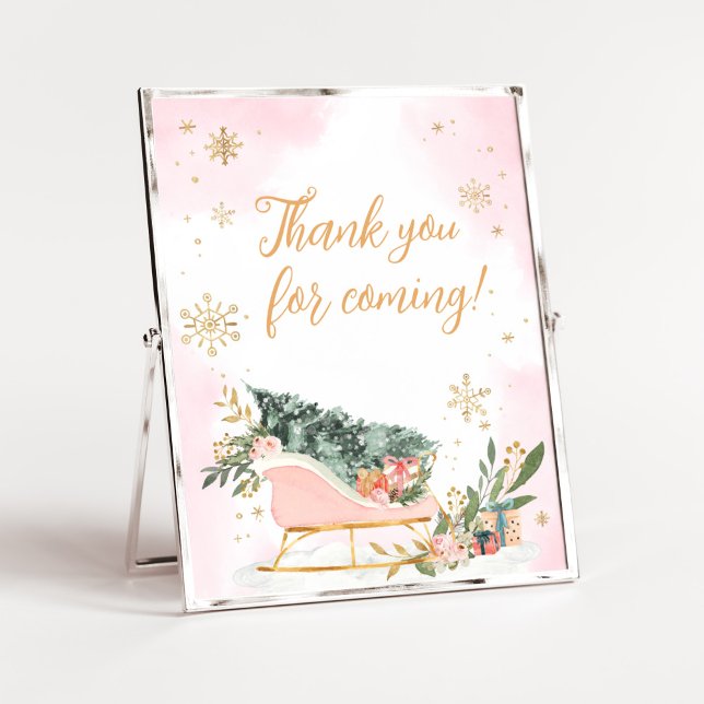 Winter Pink Gold Snowflake Thank You for Coming Poster (Pink Sleigh Baby Shower Thank You for Coming Sign)