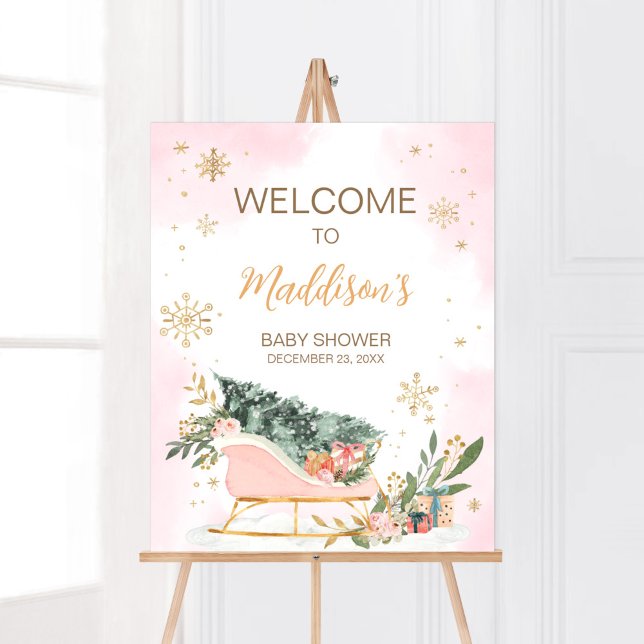 Winter Pink Gold Snowflake Welcome Poster (Pink Sleigh Baby Shower Welcome Sign)