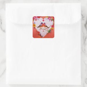 Winter Pink Love Birds Floral Polka Dots Square Sticker