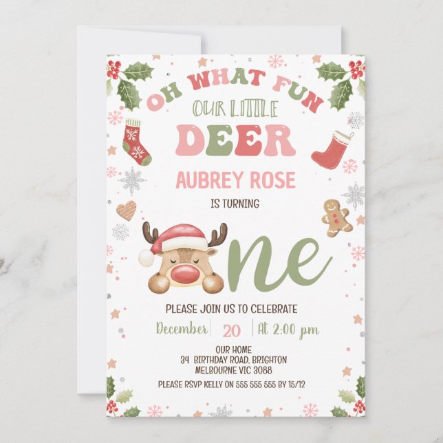 Winter Pink Oh What Fun Reindeer 1st Birthday Invitation (Front)