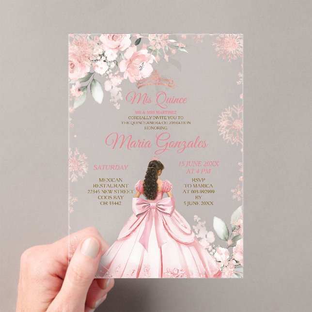 Winter Pink Rose Gold Floral Princess Mis Quince Acrylic Invitations (Insitu (Handheld))