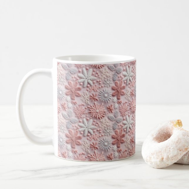 Winter Pink Silver Snowflakes Coffee Mug (With Donut)