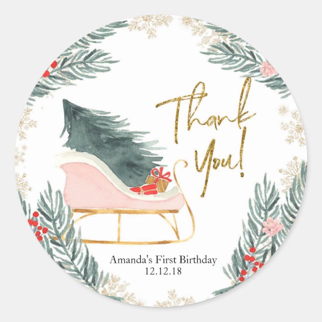 Winter Pink Sleigh Girl Birthday Thank You Sticker (Front)