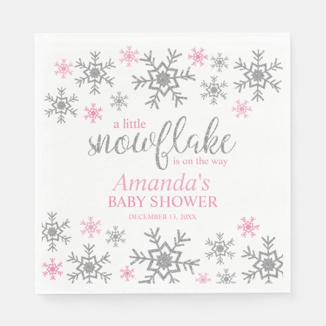 Winter Pink Snowflake Baby Shower Napkin (Front)