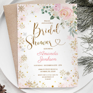 Winter Pink Snowflake Floral Bridal Shower Invitation