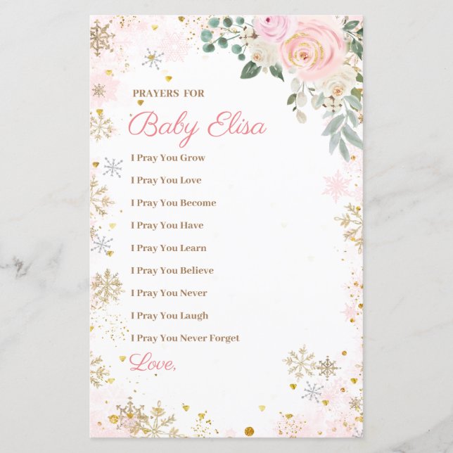 Winter Pink Snowflake Floral Prayers for Baby (Front)